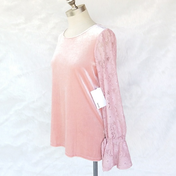 Kensie Pink Velvet Top Floral Lace Sleeves - Picture 3 of 8